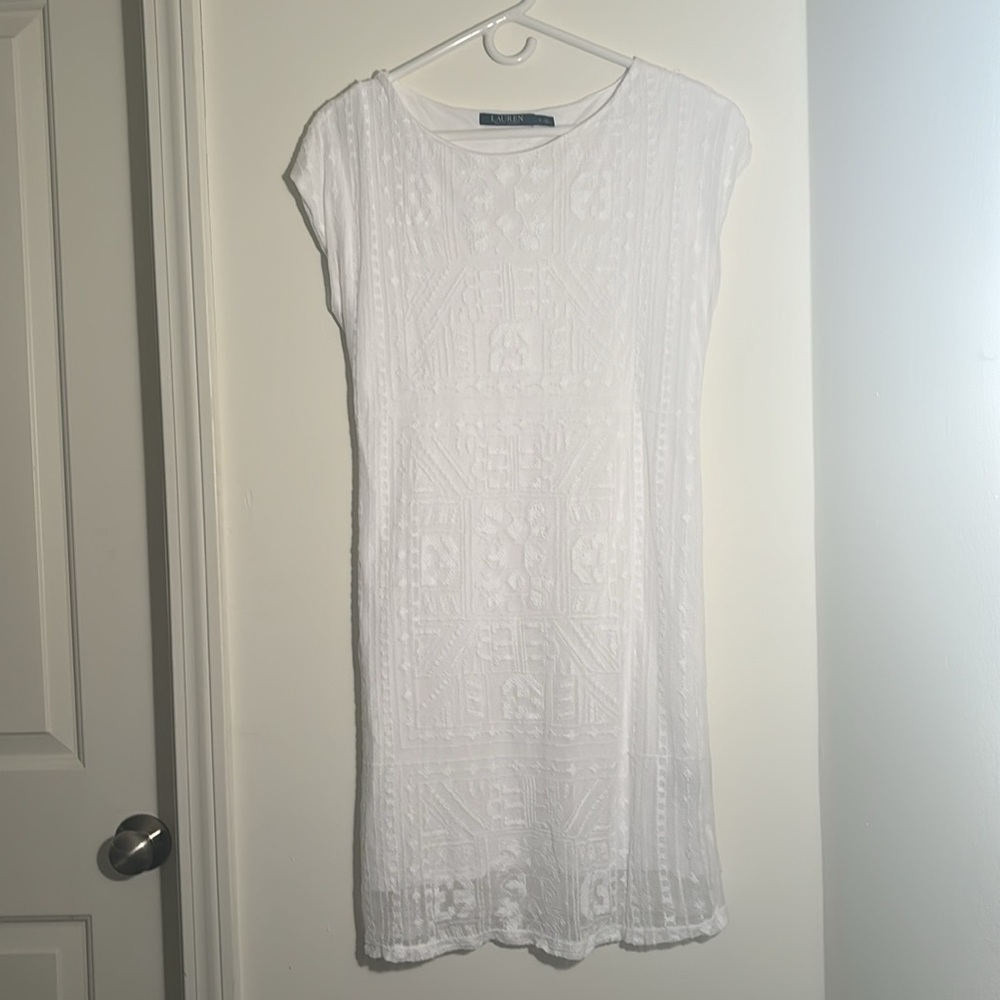 Ralph Lauren White Sheath Dress with Lace Overlay